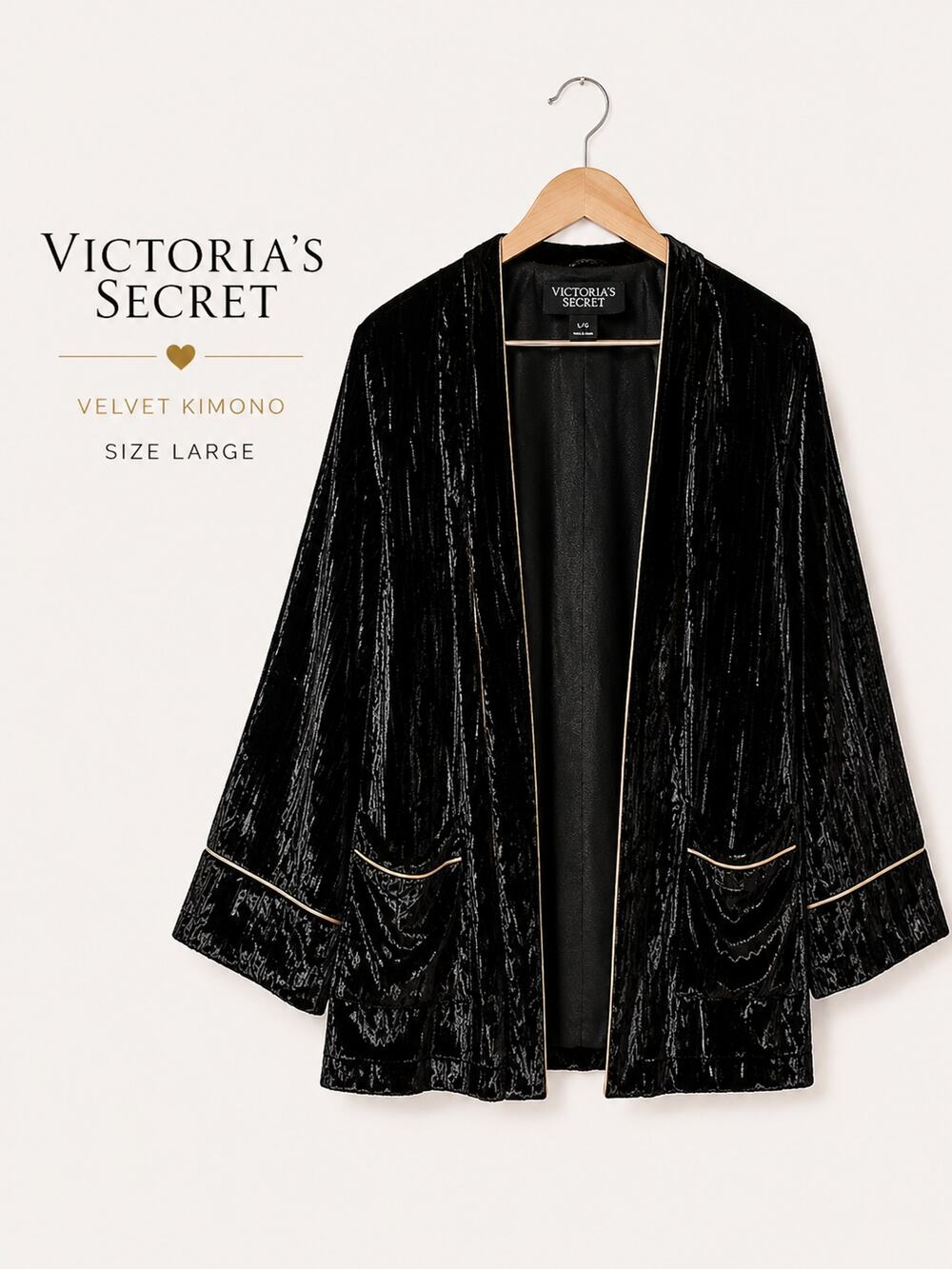 Victoria's Secret Velvet Kimono Robe Large Black Open Front Lounge Jacket